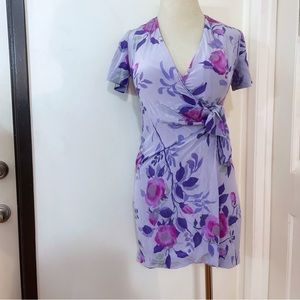 Vintage Silk Wrap Knotted Floral Purple and Pink Print Dress
